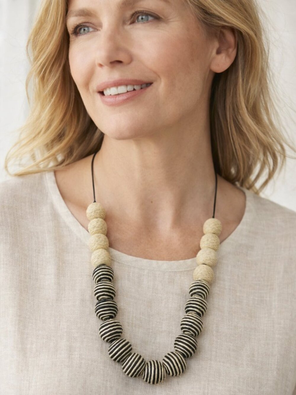 J Jill Raffia Bead Necklace Black Natural Stripe Boho Statement Earth Adjustable